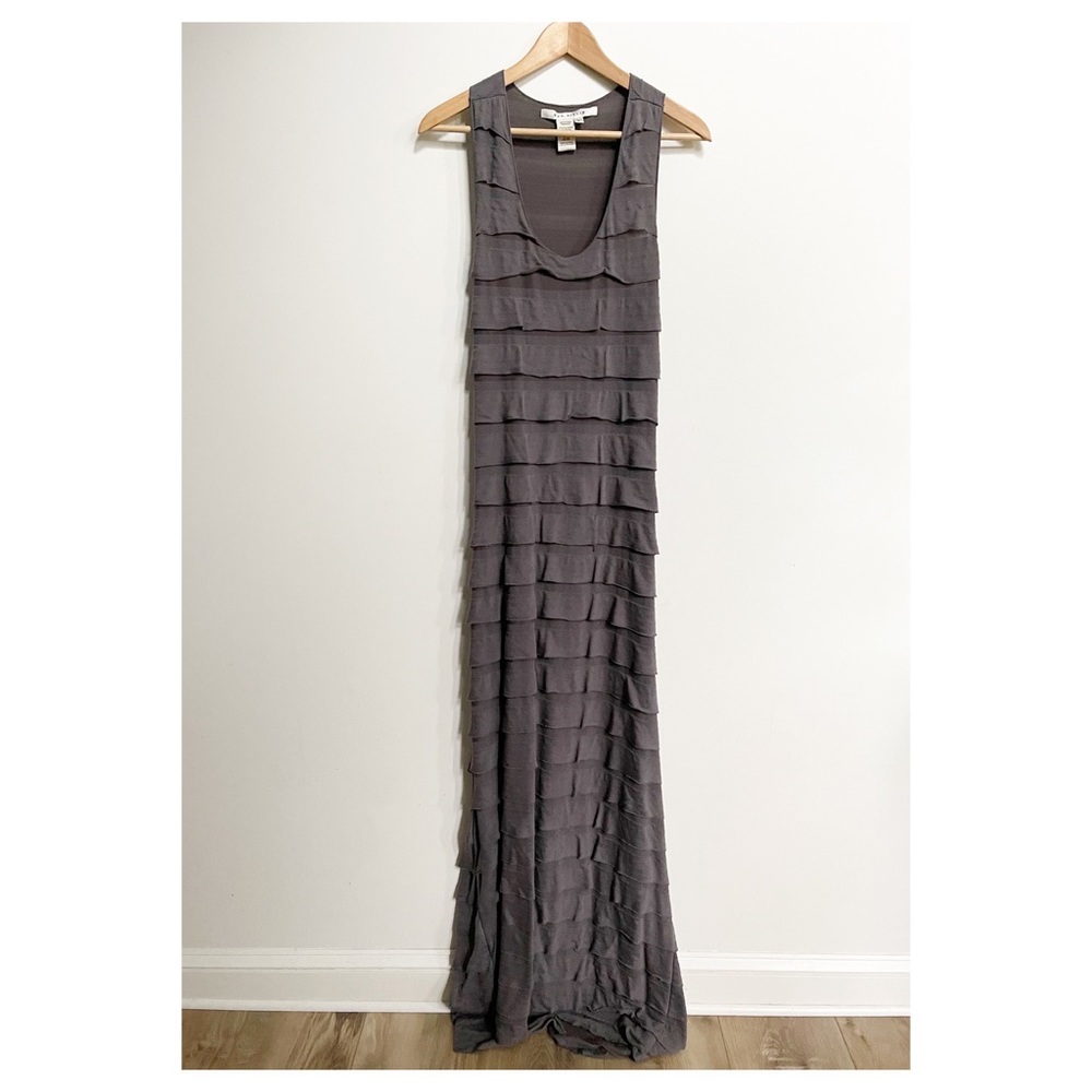 Grey maxi, fitted rayon, poly, spandex, slightly see through between fringe